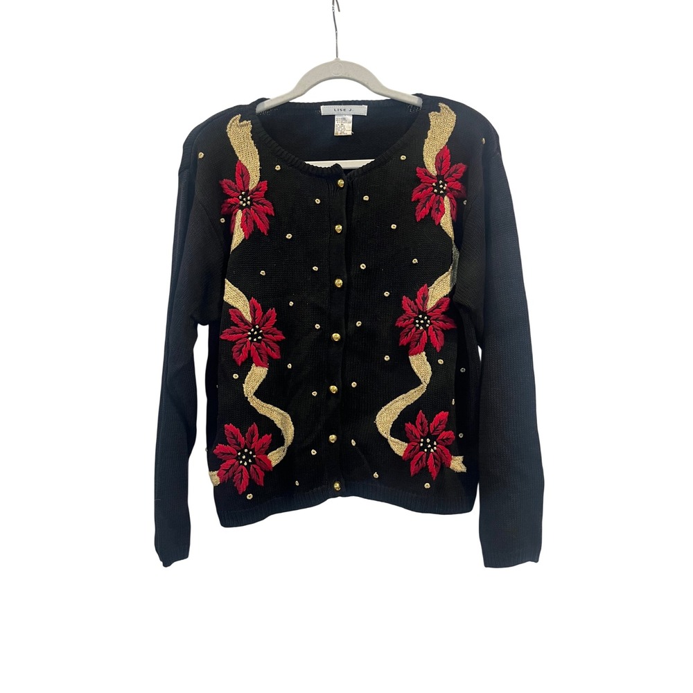 Vintage women's Christmas‎ sweater, medium poinsettia holiday gold Lise j black